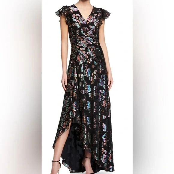 Shoshanna Womens Metallic V Neck Cocktail Dress Black 14